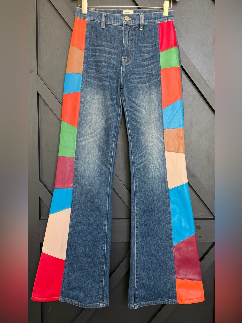 Alice + Olivia High Waisted Flare Jeans with Vegan Leather Patchwork, Size 26 - Picture 6 of 14